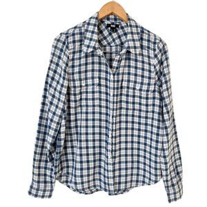 Paige Mens Button Up Shirt Brushed Woven Sz M Plaid White Harbor Blue Lancaster
